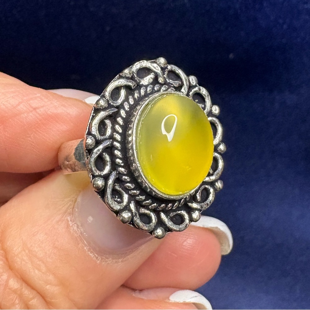 🤩Ring Chalcedony Agate Healing Gemstone Silver Setting Yellow Detailed Setting - Picture 4 of 6